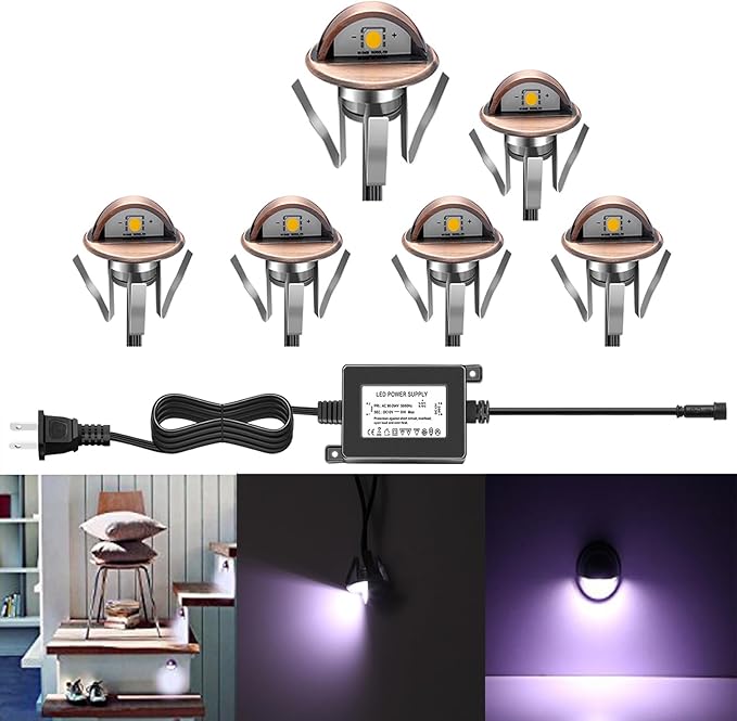6 Pack LED Stair Lights Kit Low Voltage Waterproof IP65 Outdoor 1-2/5" Recessed Wood LED Deck Lighting Yard Garden Patio Step Landscape Pathway Decor Lamps,Cool White