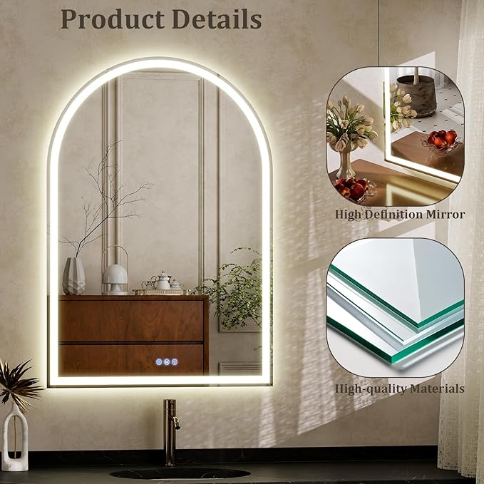 BEAUTYPEAK LED Arch Bathroom Mirrors with Lights, 36x24 Arch Mirror with Metal Frame, Anti-Fog,LED Mirror with Front Light and Backlit, Memory Function for Bathroom, Dressing Room