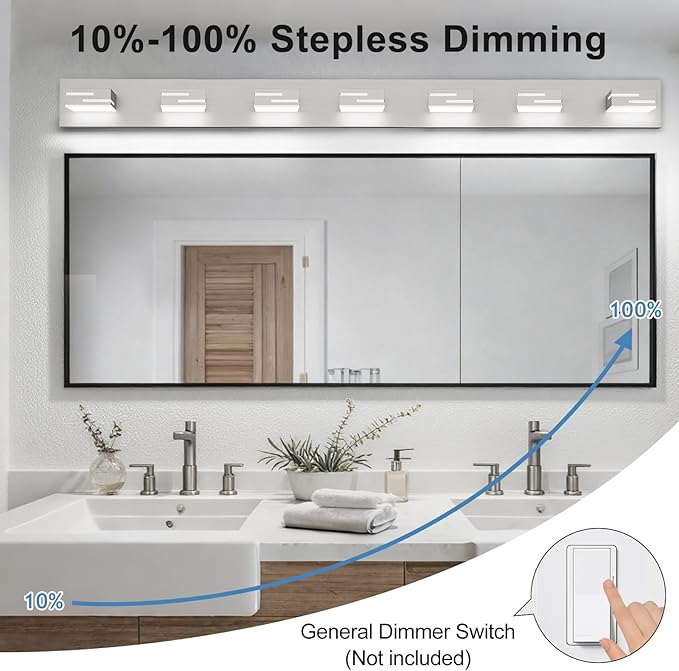LED Modern Bathroom Vanity Light Fixtures, 7-Light 48-inch Dimmable Brushed Nickel Vanity Lights for Bathroom Lighting Fixtures Over Mirror, with 350° Rotatable Acrylic Heads (Cool White 6000K)