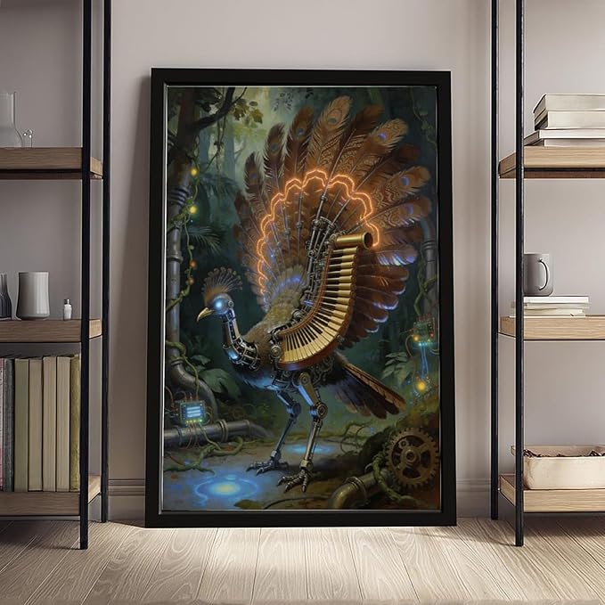 Framed Mechanical Fantasy Wall Art for Living Room TV Wall Vintage Steampunk Aesthetic Home Decor 16x24in