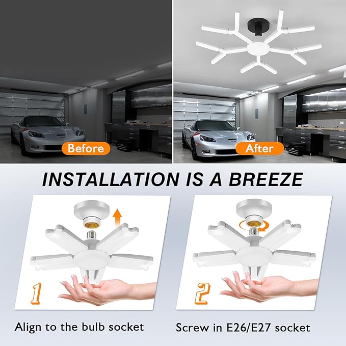 2 Pack Garage Light Super Bright 6500K LED Ceiling Lamp Deformable Screw in E26/E27 Shop Light for Workshop Basement Attic Warehouse
