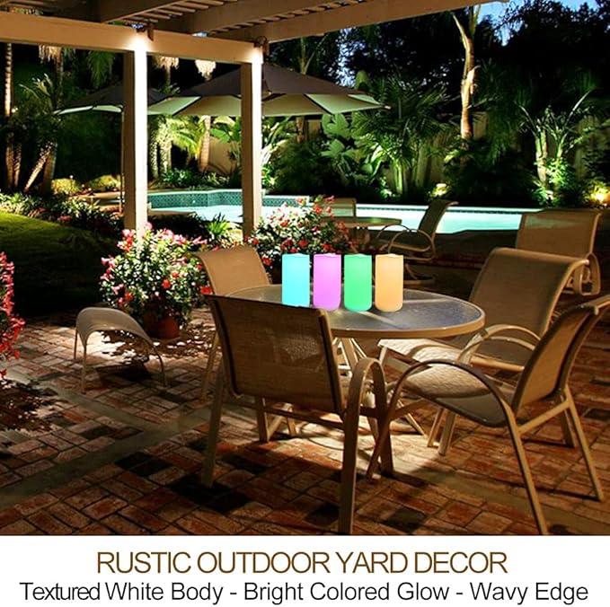 4-Pack Multicolor 3x6 Outdoor LED Pillar Candles with Timer and Remote - IP64 Waterproof Color Changing LED Pillar Candles - Battery Operated Flickering Flameless Candle Unscented