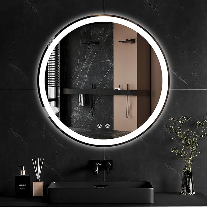 Sweetcrispy 30 Inch Round LED Bathroom Mirror with Lights, Circle Vanity Mirror with Anti-Fog, Dimmable, 3-Color Light, Memory Function, Tempered Glass