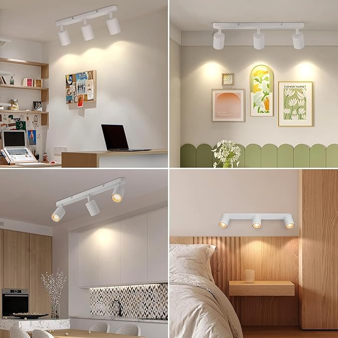 3 Way Track Lighting Kit Flexibly Rotatable Track Light Ceiling Kitchen LED Ceiling spot Light for Bedroom, Picture Wall, Hallway, Office, Bar, GU10 Socket (White-3)
