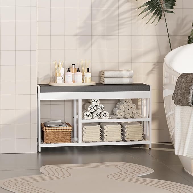 Shoe Rack Bench with Cushion,2 Tiers Shoe Bench with Flip-Top Storage,Wood Shoe Rack for Entryway, Hallway, Bedroom, Front Door Entrance (White)