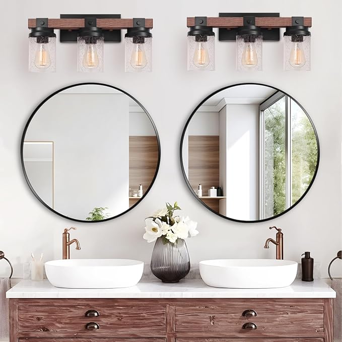 Farmhouse Vanity Light Fixtures, 3-Light Rustic Bathroom Lights Over Mirror with Pretty Glass Shade, Industrial Black Metal Wood Wall Decor Sconces for Living Room Hallway Stairway UL-Listed