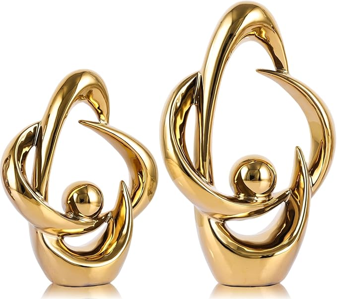 XMGZQ 2PCS Home Decor Accent Ceramic Statue Abstract Sculptures Centerpieces Mid Century Modern Decor for Tables Coffee Table top Decorations for Living Room Desktop Shelf Dining Room Kitchen (Gold)