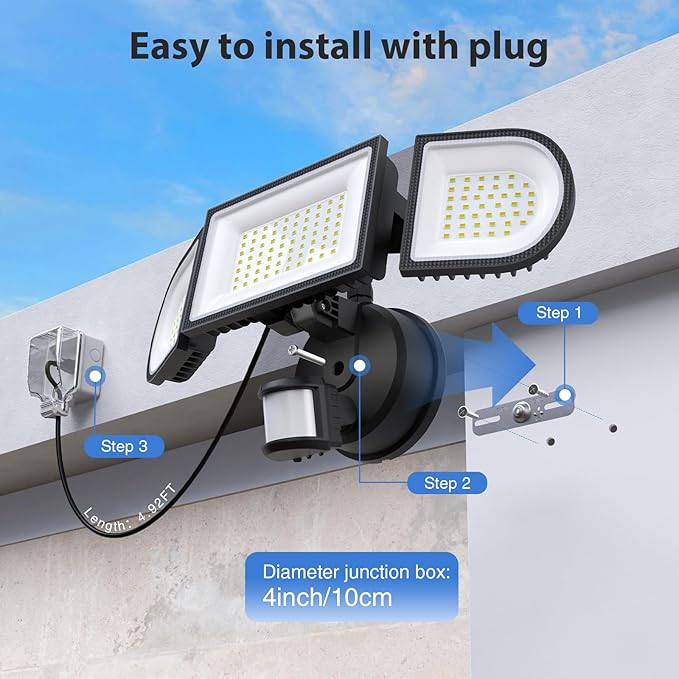 150W Plug in Motion Flood Lights Outdoor, 15000LM LED Motion Sensor Outdoor Lights Dusk to Dawn, Security Floodlights Waterproof IP65, Exterior Lighting for Outside, House, Garage