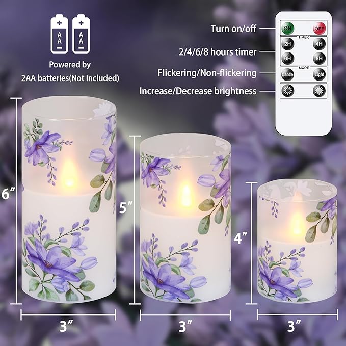 Flameless Flickering Glass Candles with Remote and Timer,Purple Flowers LED Battery Operated Real Wax Set of 3 Realistic Wick Electric Pillar Candles,Warm Fire(3 x 4, 5, 6 Inches)