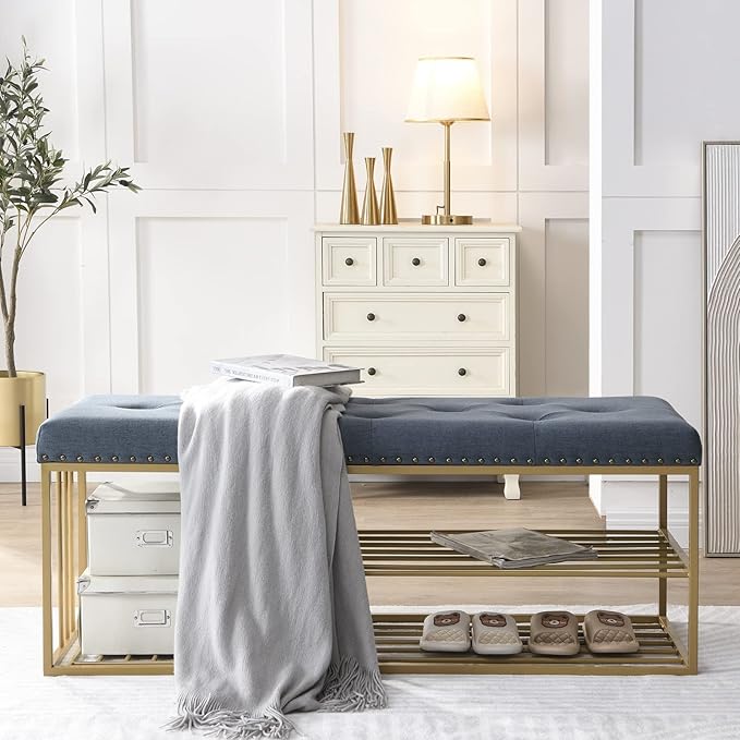 Upholstered Shoe Storage Bench-Nailhead Trim Linen Ottoman Bench with Shoes Rack for End of Bed Entryway Window Bedroom Living Mudroom Room,Blue