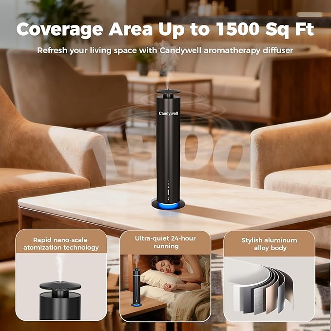 Waterless Scent Diffuser, Essential Oil Diffuser Machine - Cold Air Diffusion Tech for 1500 Sq Ft Large Room, Home, Office, Hotel & Spa, Starter Kit Includes 1 Scent Oil & Remote Control & APP