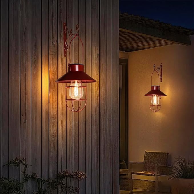 2 Pack Solar Lantern Hanging Waterproof Outdoor Metal Solar Lamp with Wall Hooks Warm White Light Decorate for Yard Garden Pathway Patio Porch Decor(Red)