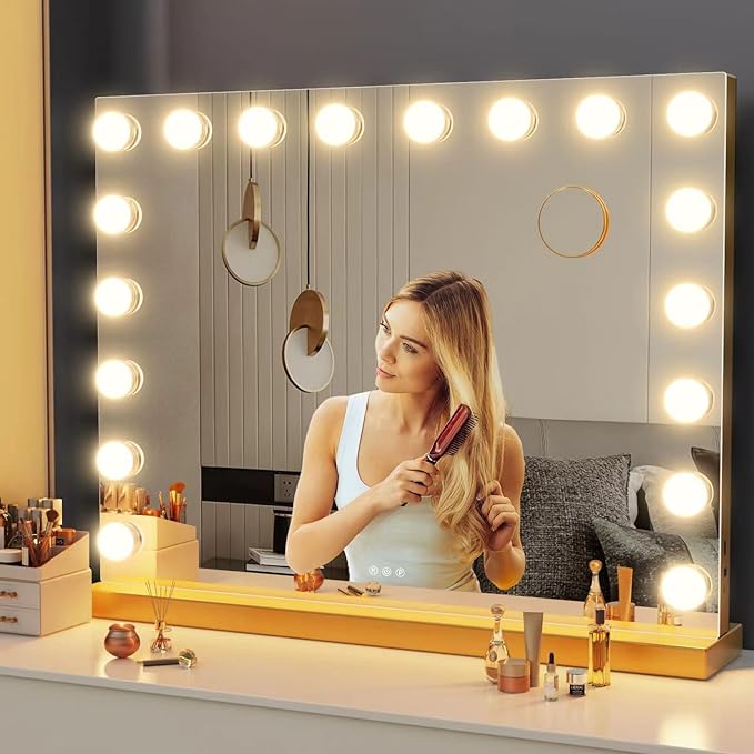 Vanity Mirror with Lights USB+Type-C Charging, 32WX24L Tabletop Hollyhood Makeup Mirror, Hollywood Lighted Mirror with 18 Dimmable LED Bulbs,3 Colors Modes,Touch Control, Gold