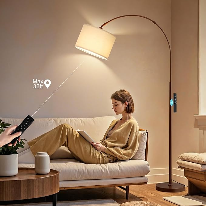 Ambimall Dimmable Arc Floor Lamp with Remote, Color Temperatures and Brightness Adjustable, Arched Floor Lamp with Rotating Head, Over Couch Arched Reading Light for Living Room (Deep Beige and Brown)
