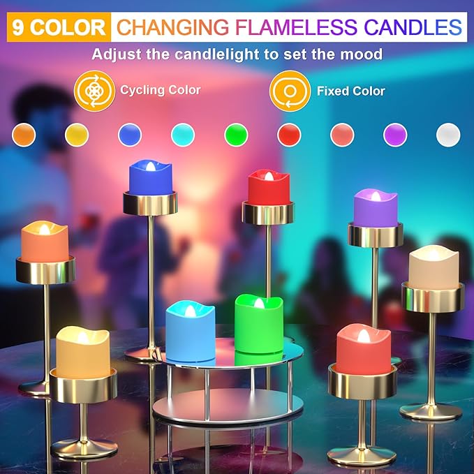 PChero Rechargeable Flameless Candles with Remote Timer & Charging Base, 12 Pack 9 Color Changing Tea Lights Battery Operated, LED Votive Candles for Halloween Pumpkin Christmas Party Home Decor