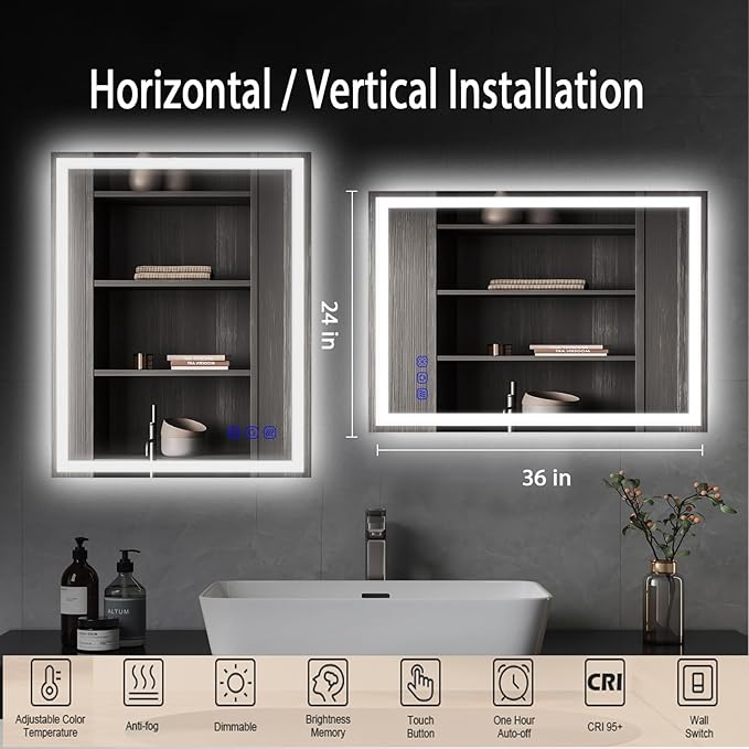 36"x24" LED Bathroom Mirror with Lights – Front & Backlit Vanity Mirror, Stepless Dimmable, Adjustable Warm White/Natural/Daylight, Anti-Fog, Shatterproof, Memory Function