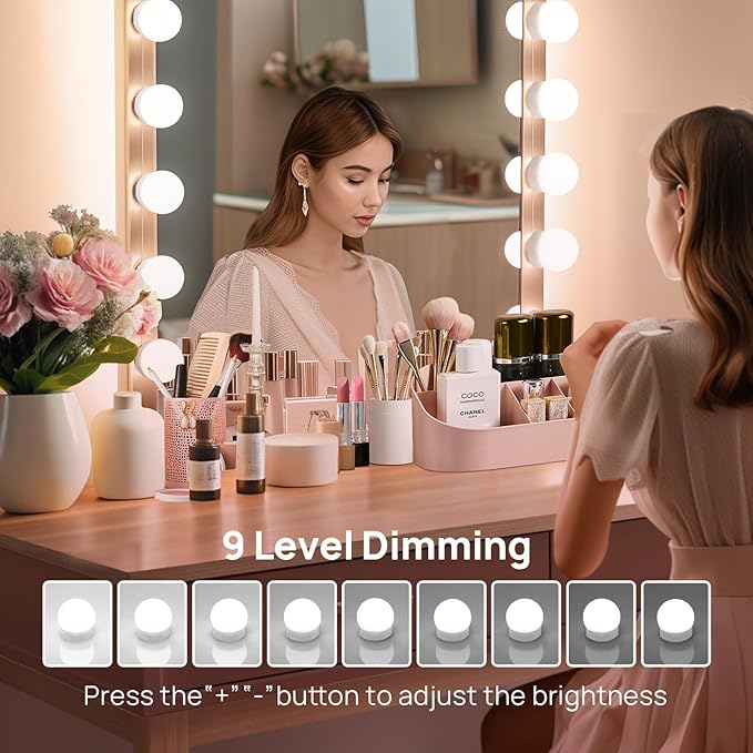 LED Vanity Lights For Mirror, Consciot Hollywood Style Lights With 14 Dimmable Bulbs, Adjustable Color & Brightness, USB Cable, Mirror Lights Stick on for Makeup Table Dressing Room Mirror,White