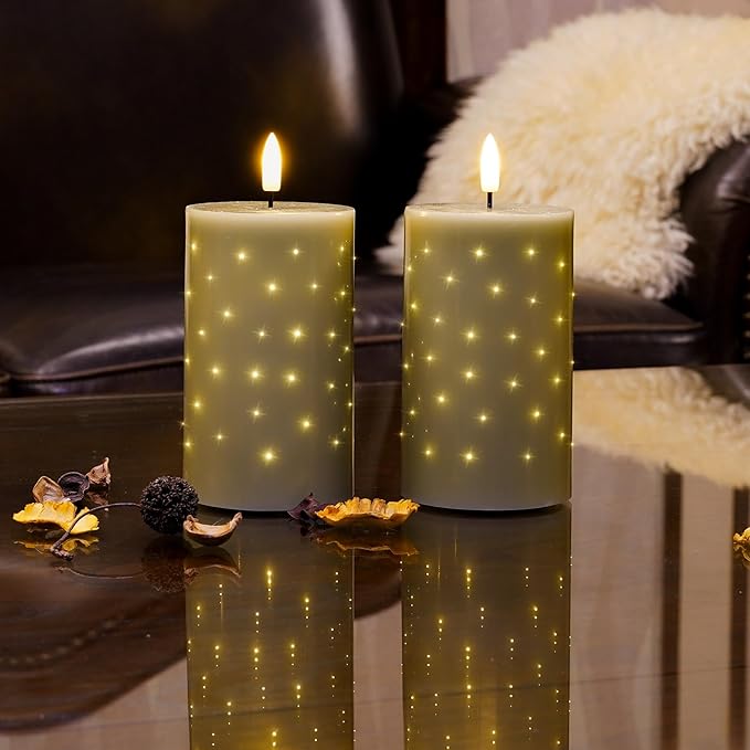 Rhytsing Sage Green Fiber Optic Real Wax Flameless Candles with Remote, Battery Operated Decorative Pillar Candles for Spring and Summer, Christmas Gift Set with Batteries, H 5 inches - Set of 2