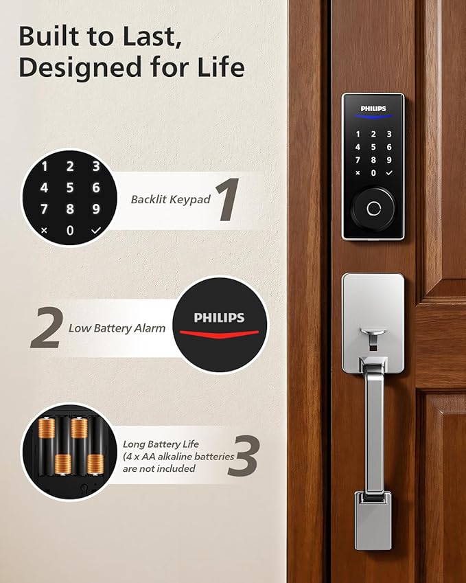 Philips Wi-Fi Smart Lock with Handle, Keyless Entry Keypad Door Lock with Handle, Front Door Deadbolt Set with WiFi Gateway, App Control, Fingerprint Unlock, PIN Code Unlock, Auto Locking