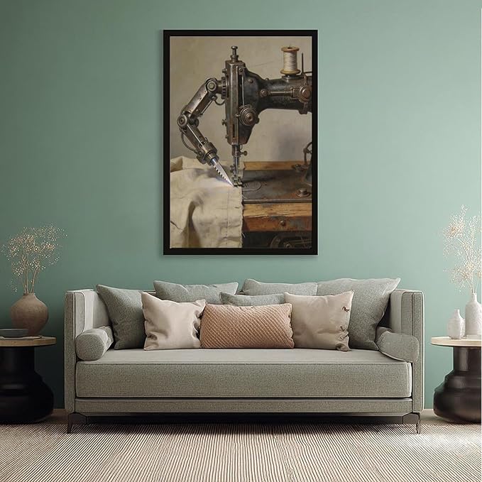 Framed Steampunk Mechanical Sewing Machine Wall Art - Retro Industrial Workshop Poster for Home Office Studio Decor 12x18in