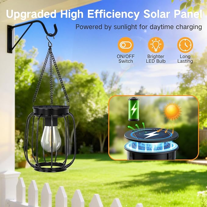 Outdoor Solar Lanterns, Waterproof Vintage Metal Hanging Lights with Warm White LED, Auto On/Off, Brighter Decorative Lanterns for Garden Patio Yard Porch, Gifts for Women Mom, 2 Pack