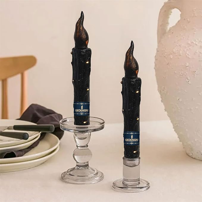 Magical Candlesticks Flameless Taper Candle, 2pcs Black LED Tapered Candles Remote Dipped Candle 6inch Battery Chandelier for Enchanting Weddings and Harry Potter Inspired Vigils(LW2P-BA)