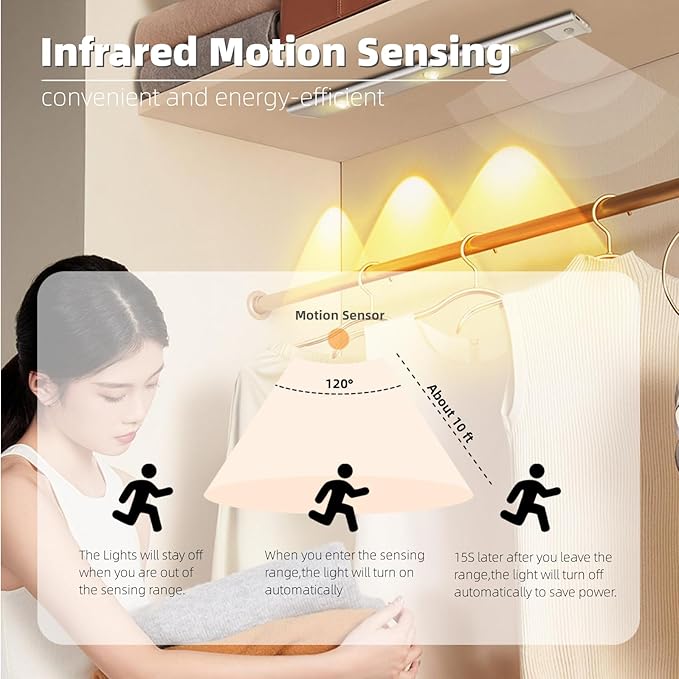 GARTO LED Under Cabinet Lights, Long Size Motion Sensor Hill Effect Closet Light, USB Rechargeable Under Counter Lights for Kitchen Wardrobe Stairs Bedroom Trunk