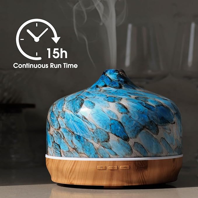 Porseme 500ml Essential Oil Diffuser Glass Color Changing Aroma Air Diffusers Aromatherapy Ultrasonic Cool Mist Humidifier 15-21 Running Hours Waterless Auto-Off for Sleeping Yoga Office (Light Blue)