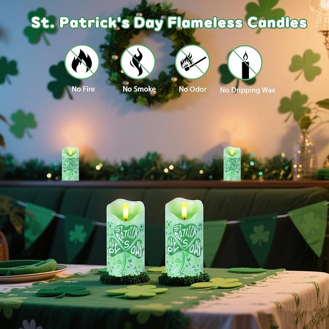 Flameless Candles Set of 2, 6"x3" Flickering Shamrock LED Candles with Remote & Timer, Real Wax St. Patrick's Day Electric Pillar Candles Battery Operated for Home St. Patrick's Day Decor (Clover)