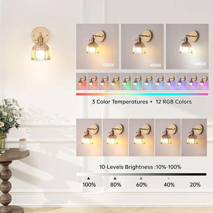 Vintage Battery Operated Wall Sconce with Amber Tulip Glass Lampshade 5000 mAh Rechargeable Battery Powered Wall Light with Remote Control for Bedside Bedroom Doorway, Set of 2