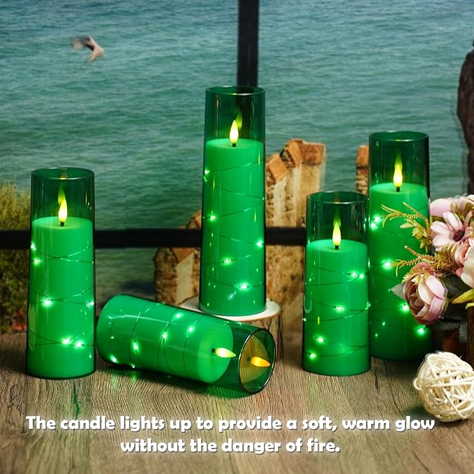 Flameless LED Candles with Timer 9 Pc Flickering Flameless Candles for Romantic Ambiance and Home Decoration Stable Acrylic Shell,with Embedded Star String，Battery Operated Candles（Green）