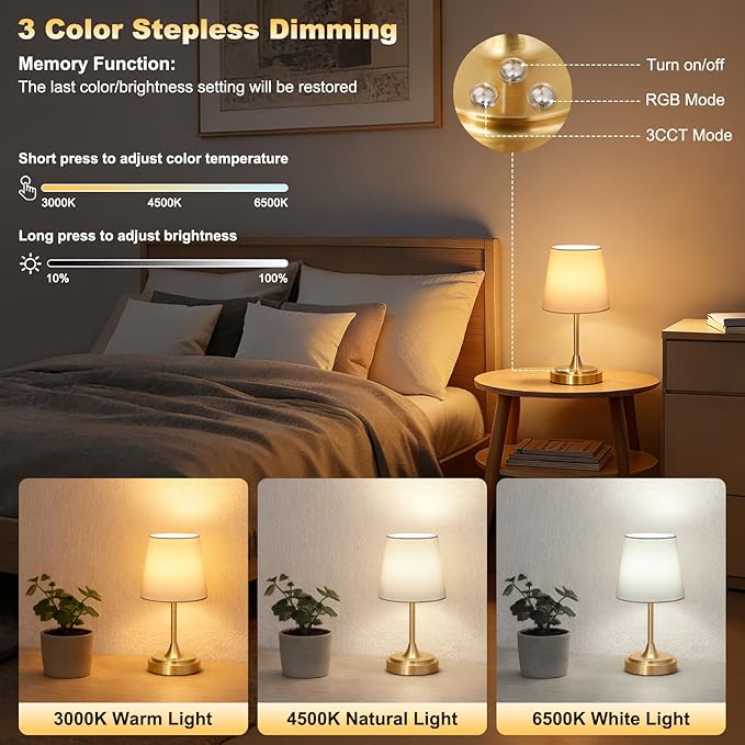 Small Cordless Table Lamp Rechargeable,5000mAh Battery Operated Desk Lamp,3 Colors & 7 RGB Stepless Dimmable,Touch Ambient Light for Bedside,Bedroom,Dining Room,Living Room,Gold,WhiteShade