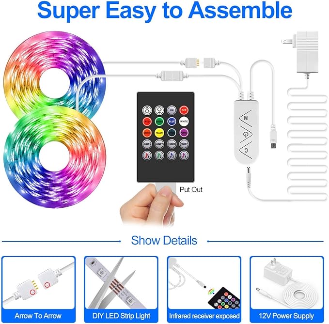 LED Strip Lights 32.8ft, Multicolor RGB LED Light Strips, 5050 LED Tape Lights, Music Sync Color Changing+Remote Control +APP Controlled LED Strip Lights for Bedroom Party Christmas Decoration