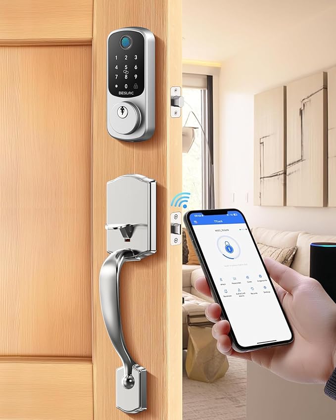 DESLOC B200 Fingerprint Front Door Lock Set with Durable Handleset, Keyless Entry Deadbolt, Electronic Keypad, App Control, Easy Installation, Designed for a Modern and Stylish DESLOC Home, Silver