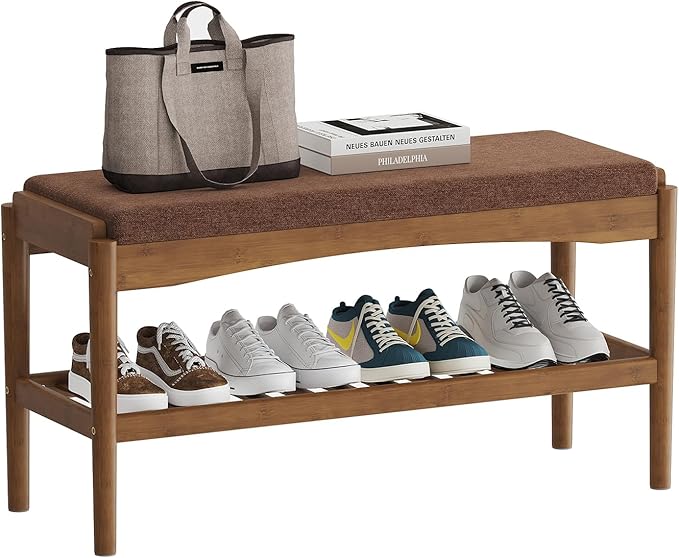 Shoe Bench Entryway Bamboo 2-Tier Shoe Rack with Cushion Padded Seat Shoe Bench Organizer Stable for Hallway, Living Room, Bedroom (31.5 * 11.4 * 16.5IN, Brown-Brown)