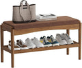 Shoe Bench Entryway Bamboo 2-Tier Shoe Rack with Cushion Padded Seat Shoe Bench Organizer Stable for Hallway, Living Room, Bedroom (31.5 * 11.4 * 16.5IN, Brown-Brown)