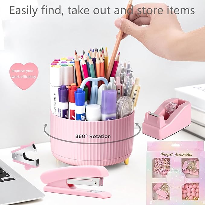 suniya Office Supplies,Desk Accessories,with Stapler,Tape Dispenser,Staple Remover,Scissor,Ballpoint Pen,Sticky Notes,Clear Tape,Staples,Desk Organizer,Ruler,Binder,Best Gift Set(Pink)