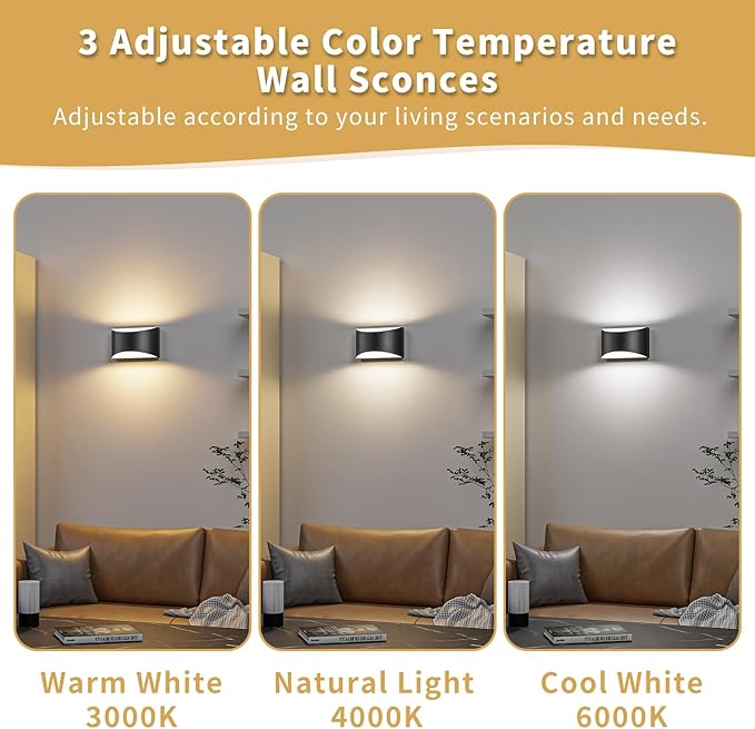 TingMiao Black Modern LED Wall Sconce, Hardwired Wall Sconces Set of 2, 3 Colors Indoor Wall Lamp, 10W Up and Down Aluminum Wall Mount Light for Bedroom Living Room Hallway Corridor (Black, 2 Pack)