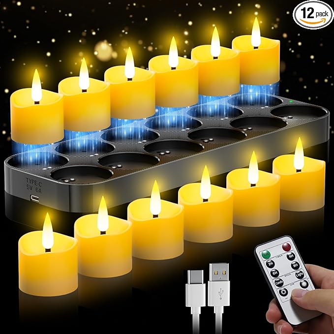 YiaMia 12 Pack Upgraded Rechargeable Tea Lights with Magnetic Wireless Charging Base, Flameless LED Candles with Remote and Timer, 100+H Battery Operated Candles for Votive Wedding Halloween Christmas