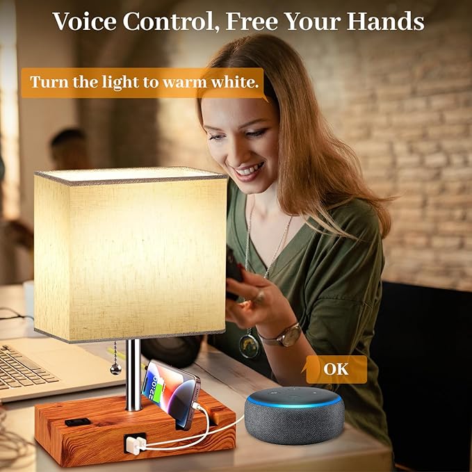 Smart RGB Dimmable Table Lamp Work with Alexa&APP&Remote Control, Bedside Desk Lamp with Charging Ports&Outlet&Phone Stand, Music Sync Nightstand Lamp for Bedroom Living Room Office Dorm, Wooden Base