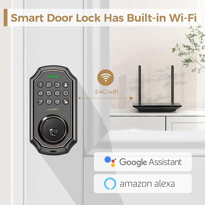 Arpha Keyless Entry Door Lock, WiFi Smart Keypad Front Door Deadbolt, Supports Amazon Alexa Voice Control, Google Assistant, Online App Control, Anti-Peeping Password, One-Time Code, Auto Lock