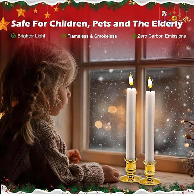 Pruk 10-Pack Flameless LED Candles w/Remote, Realistic Flickering Flame, Battery Operated Window Candles, Timer & Dimmer, Weighted Base, 10.8" Tall (Gold)