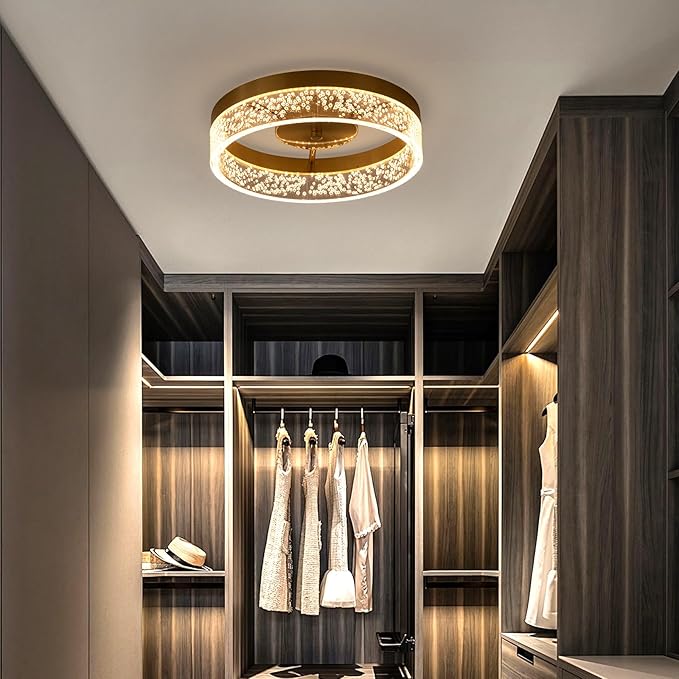 Jaycomey Modern LED Ceiling Light Fixture, 11.65" Flush Mount Kitchen Lighting Gold with Clear Seeded Acrylic Lampshade,Dimmable Round Ceiling Lamp Lights for Bedroom Dining Room