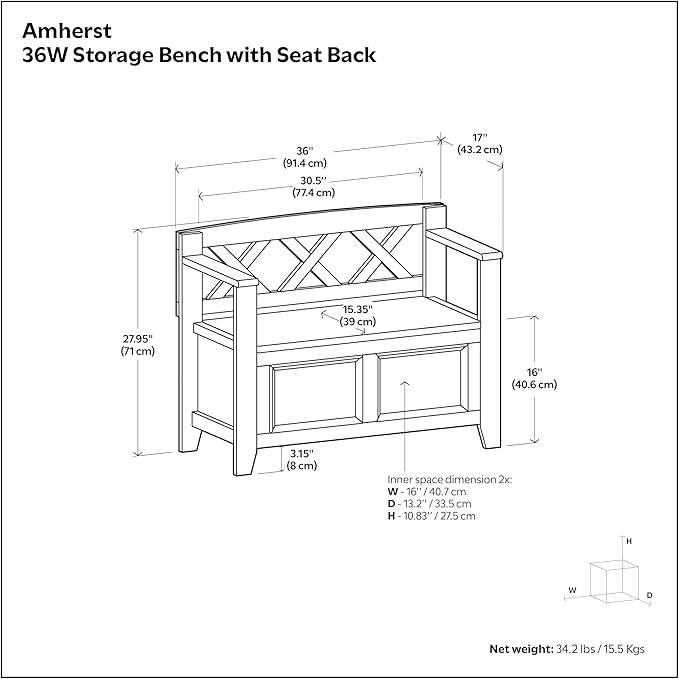 SIMPLIHOME Amherst Entryway Storage Bench - 36 inch Wide Solid Wood Hallway Bench in Black, Transitional Bench for Entry or Mudroom with Lift-Up Lid, Storage Compartments and X-Back Detail