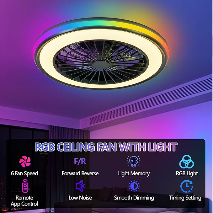 20" Modern LED Ceiling Fan Light, Smart Bladeless Ceiling Fans with Lights and Remote, RGB Bluetooth Fan Chandelier for Bedroom,Living Room, Office (20)