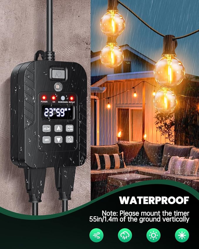 Outdoor Light Timer Waterproof, Remote Control Dusk to Dawn Sensor Timer, 100 FT Range, Plug in, 2 Outlets Digital Timer Switch for Home and Garden, 15A/1875W