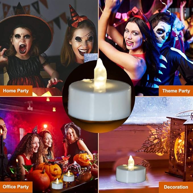 JUNPEI Pack of 24 Flameless Tea Light Candles Realistic Flickering:Battery Long Lasting Warm White Light Lamp Operated Powered for Seasonal & Festival Celebrations