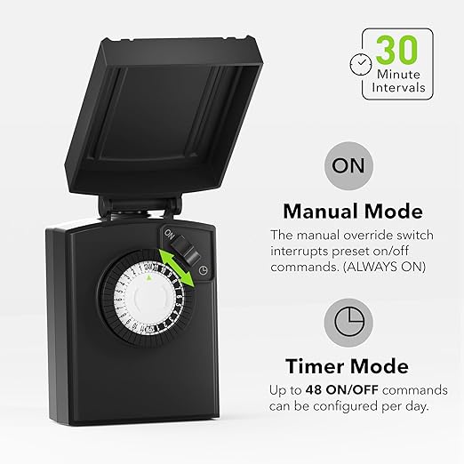 BN-LINK 24 Hour Heavy Duty Mechanical Timer, Outdoor Timer Outlet Waterproof with 30 Minutes Intervals, 2 Grounded Outlets for Christmas Lights Pool Pump,15A 1/2HP, ETL Listed