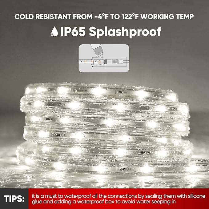 Shine Decor LED Strip Lights 12w Low Consumption, Cold Resistant IP65 Waterproof Outdoor Rope Light 120 VAC, Cuttable Connectable Indoor Lite Lighting Strip 16 FT ETL Listed 7x10mm 6000K Cool White