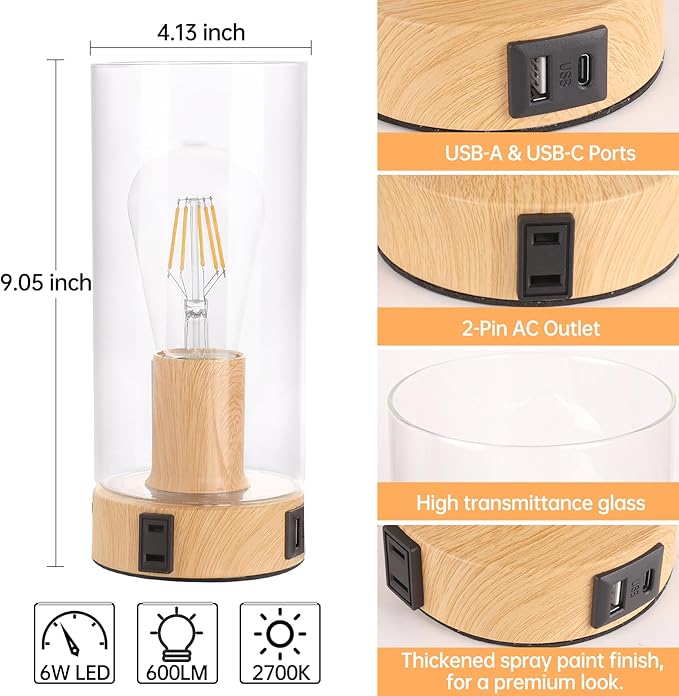 Bedside Table lamp for Bedroom -Touch Lamp with USB-A+C Charging Ports & AC Outlet. Nightstand Lamp with Wood Base Glass. Stepless Dimming Small Lamp for Bedroom, Dorm, Office, Kids Room, Living Room